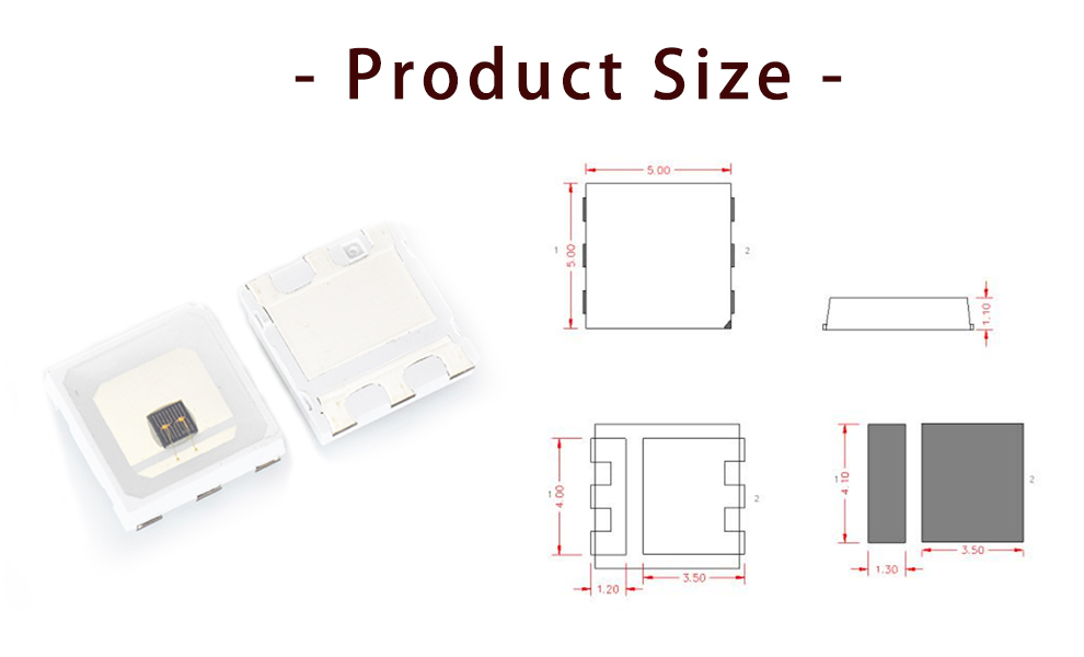 Size of 5054FIRC145L42I1A High Power 1450nm IR LED 1400nm LED 3W 5050 Package Far Red IR LED