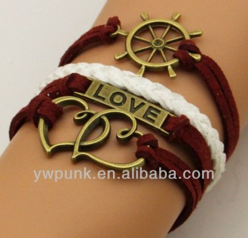 Supply DIY fashion handmade lots bronze thwartwise LOVE anchor heartrs bracelets braided purplish red China celebrity jewelry