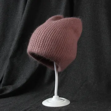 Women's Solid Color Knitted Beanie - High Elastic Thick Angora Fur Winter Hat with Custom Logo