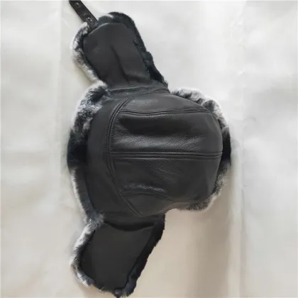 Rabbit Fur Aviator Outdoor Trapper Trooper Pilot Ski Hat Lambskin Leather Trapper Hat with Two-Tone Rabbit Fur Trim