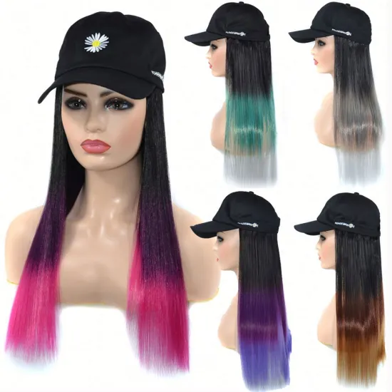 onst Long Curly/Straight Wig with Hat Embroidery Hip Hop Hat Synthetic Adjustable Baseball Cap Wig Natural Fake Hair for Women