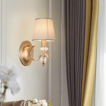 Modern Beige Copper LED Wall Lamp with Crystal Iron Fabric Shade