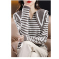 Navy V-neck simple horizontal stripe sweater