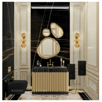 Customized Italian Design Small Bathroom Cabinet with Black Marble Top and Stainless Steel Sink