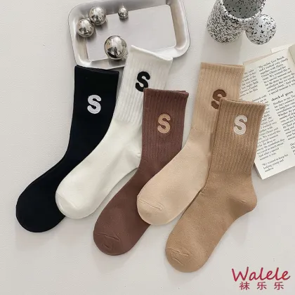 Elegant Embroidered S-Letter Socks in Various Colors