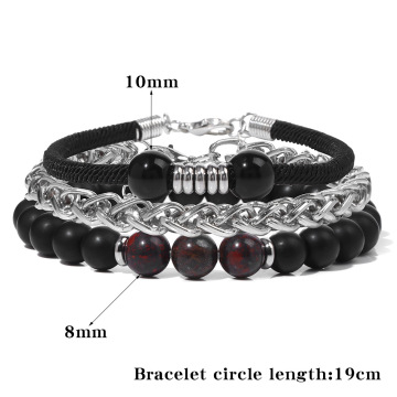 3Pcs a Set 8mm Gemstone Round Beads Bracelet Stainless Steel Bracelet Leather Cord Bracelet for Men Women