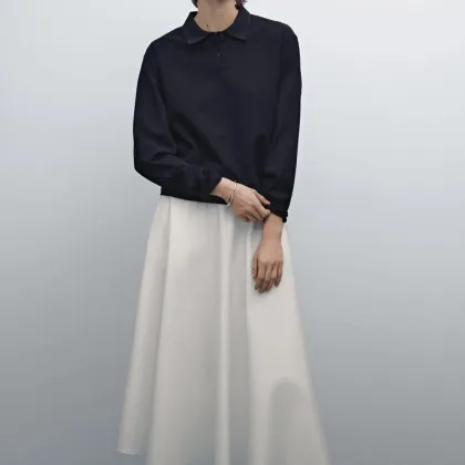 Women's commuting style mercerized cotton polo collar long-sleeved T-shirt