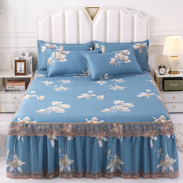 European and American Style Solid Color Polyester Bed Set with Bed Skirt and Pillow Cases