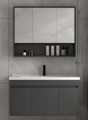Corner Mounted Simple Modern Solid Wood Bathroom Cabinet with Integrated Ceramic Basin