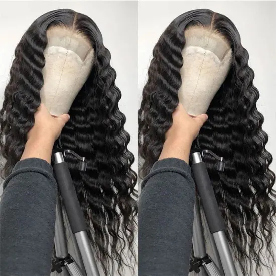 Factory brazilian human hair wigs HD transparent Swiss lace wig,deep wave cuticle aligned lace front glueless water wave wig