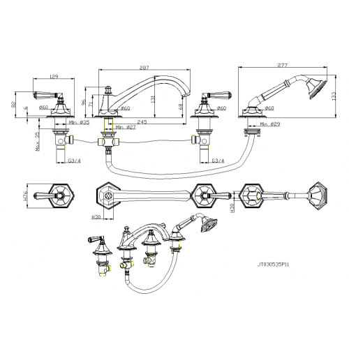 Deck Mounted Bathtub Faucet Vintage 4-Piece Bath Shower Mixer ○ Factory