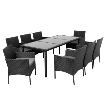 9Pcs Black PE Rattan Long Table Dining Group