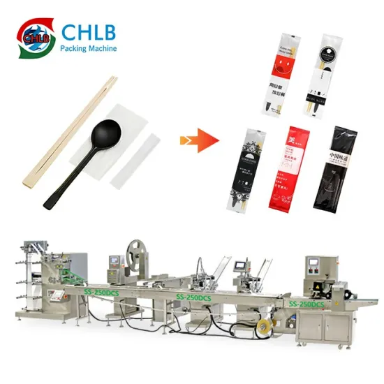 High-Speed Disposable Tableware Packaging Line for Bread Snacks with Plastic Spoon in Paper Pouches