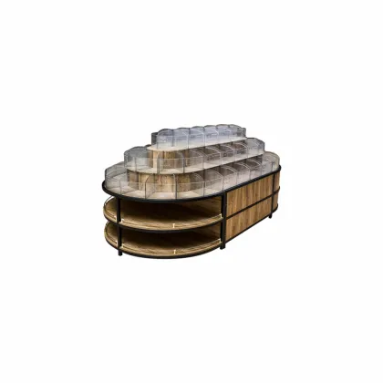 Island-type acrylic steel and wood shelves