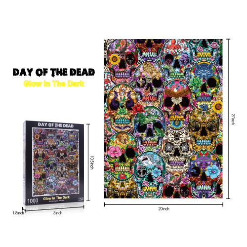 Day of The Dead Sugar Skulls Glow In The Dark Fluorescent Jigsaw Puzzle Halloween 1000 Pieces For Adults