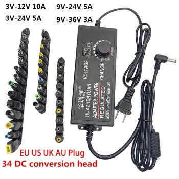 Universal Adjustable AC to DC Power Adapter with 34pcs Head Plugs Jacks for Various Voltages (3V, 12V, 9V, 24V, 36V, 16V, 18V) - Supports Up to 5A/10A Current