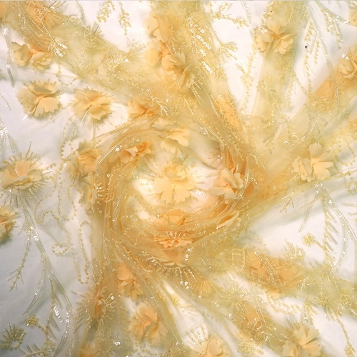 Ligth Żółta cekinowa koronkowa tkanina w kwiaty