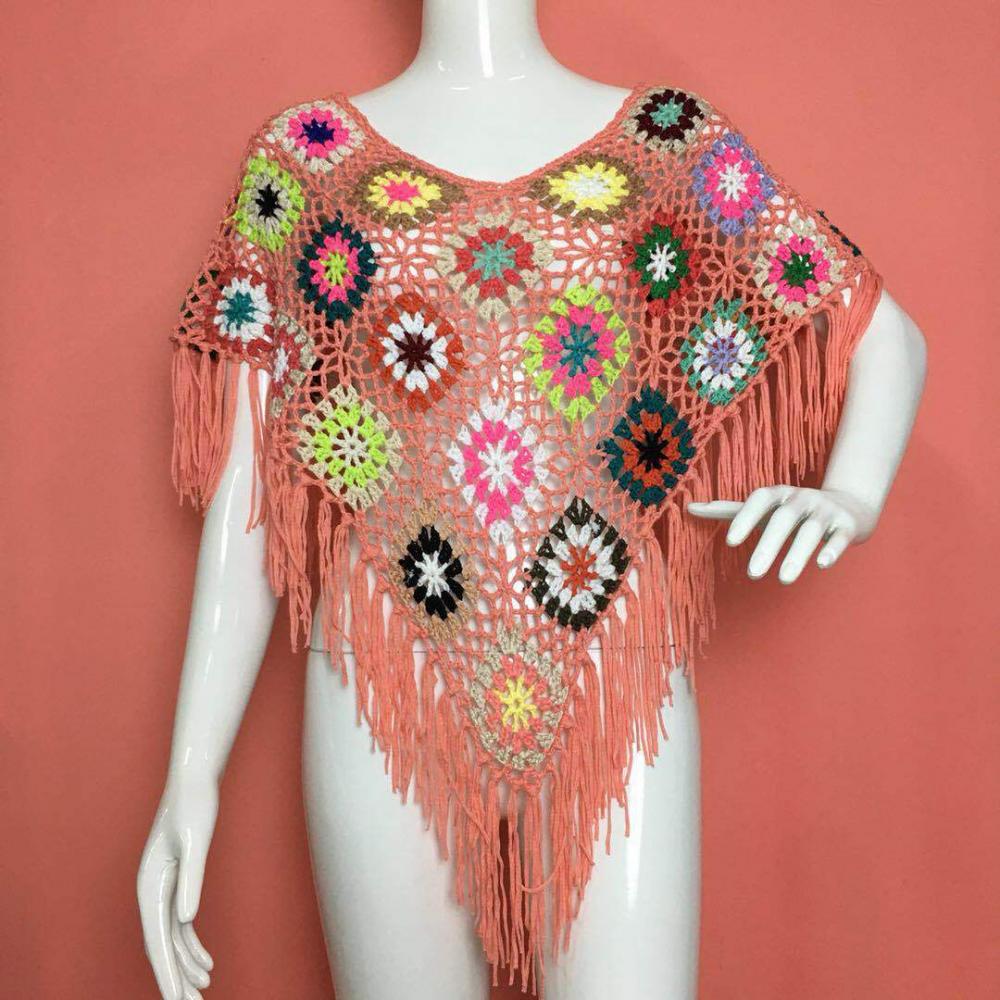 Gancho de mano colorido crochet encaje accesorios de vestir de flores playa protección solar bufanda de tasel de chal
