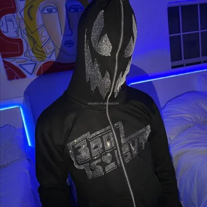 Verified Manufacturer Custom Full Zip Up Rhinestone Demon Face Hoodie