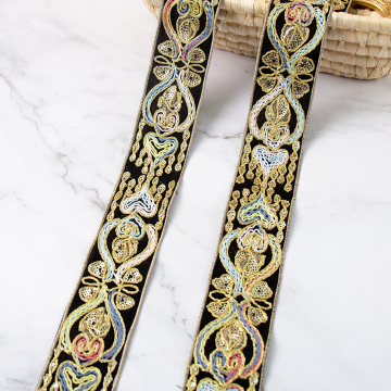 Wholesale Ethnic Style Rainbow Thread Glitter Sequin Embroidery Laces with Gold Edge
