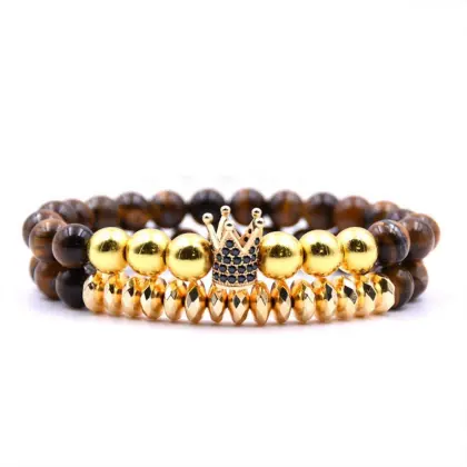 Fake Gold Crown Charm 8MM Turquoise Bracelet Set