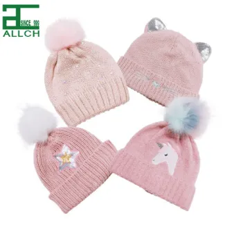 Spring and Autumn Windproof Warm Dome Woolen Hat - Pink Children's Embroidered Knitted Hat Wholesale