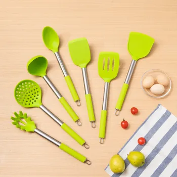 Green and Black Silicone Cooking Utensil Set - 7 Piece Professional Kitchen Accessories