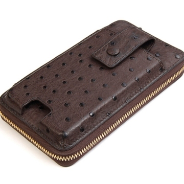 Handmade Leather Goods Ostrich Leather Zipper Mobile Phone Clutch Leather Long Wallet Customization