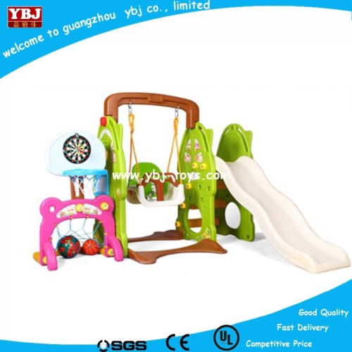 Plastic swings and slides for children play in garden