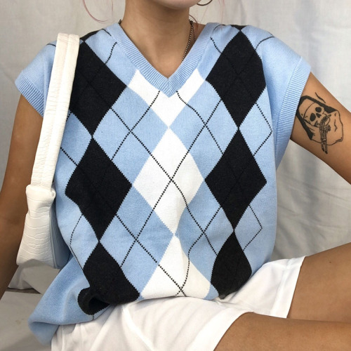 Women Sleeveless Plaid Knitted Sweater Vest