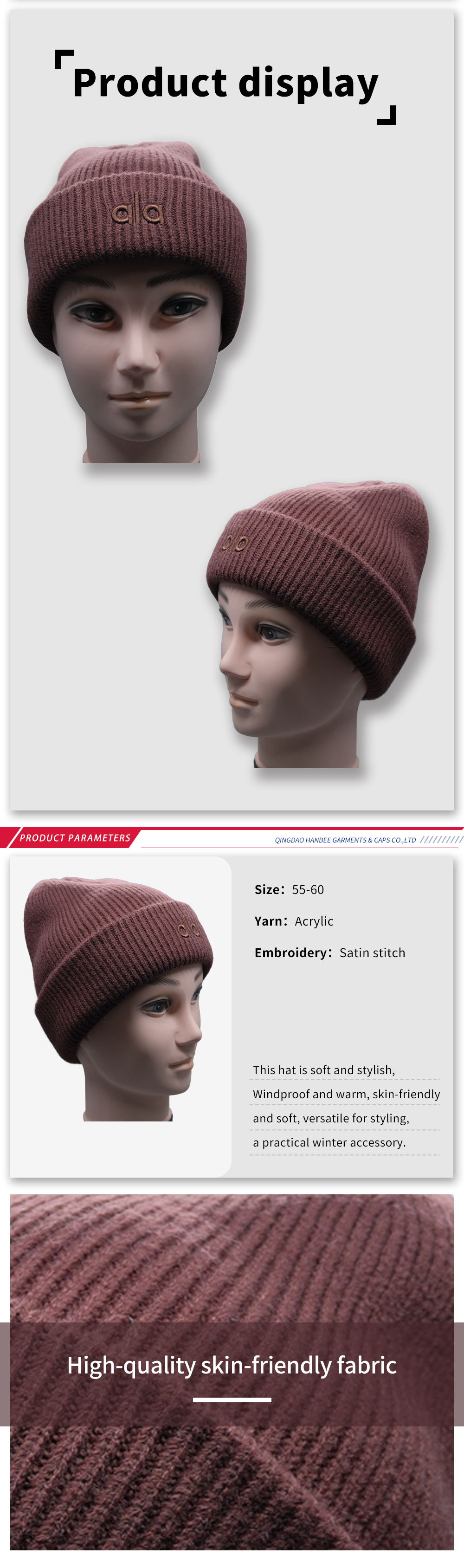 Stylish Red Brown Knitted Hat with Embroidery