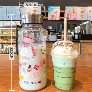 Eco-Friendly Doodle Portable Water Cup with Big Capacity Borosilicate Glass Bottle for Home and Office