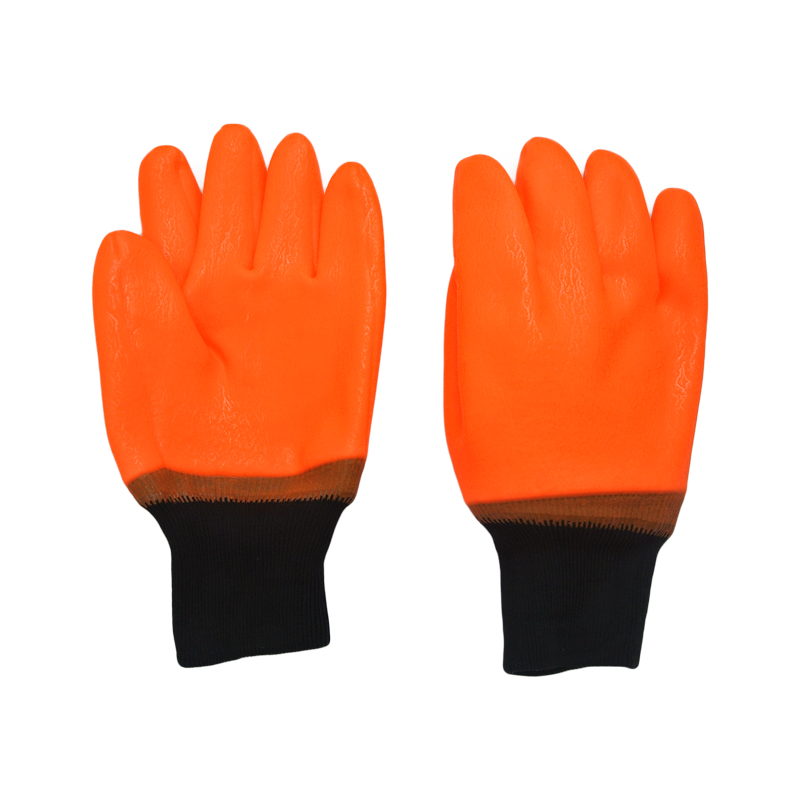 Guantes de PVC de color naranja fluorescente Muñeca de punto de acabado suave