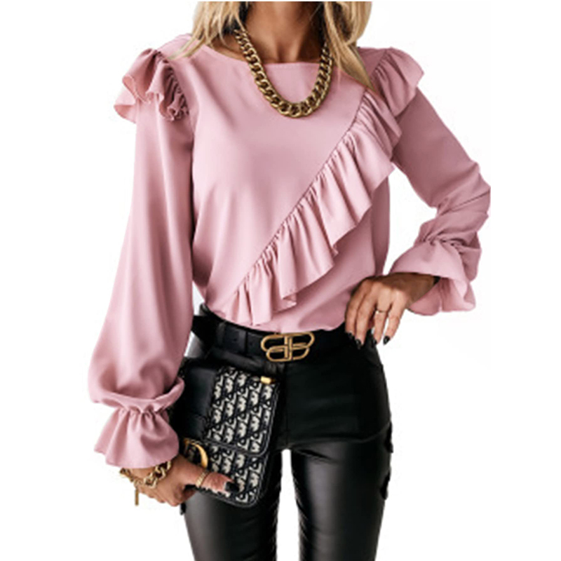 Women's Elegant Crewneck Ruffle Trim Top