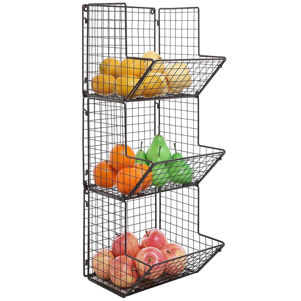 3-Tier-Obstkörbe aus Metalldraht, schwarz, an der Wand befestigt