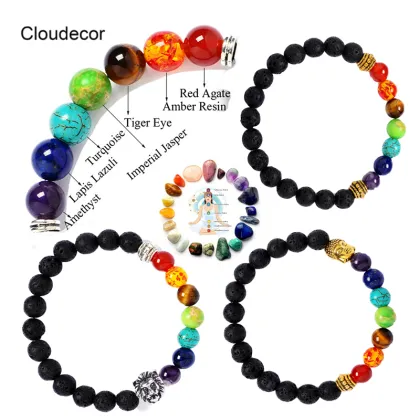 8mm Black Lava Energy Stone Buddha Lion Head Yoga Bracelet - Handmade Seven Chakra Seven Chakras Accessory