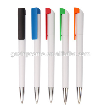 New design twist ball pen, solid white barrel with color clip