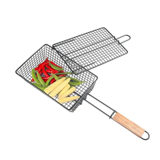 outdoor barbecue nonstick kabob grilling basket bbq wire mesh grill net for roasting meat Wood Handle bbq basket grill