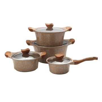 Large Size Kitchen Cookware Set: Die Cast Gold Ceramic Coated Nonstick Pots with Glass Lids and Wooden Handles