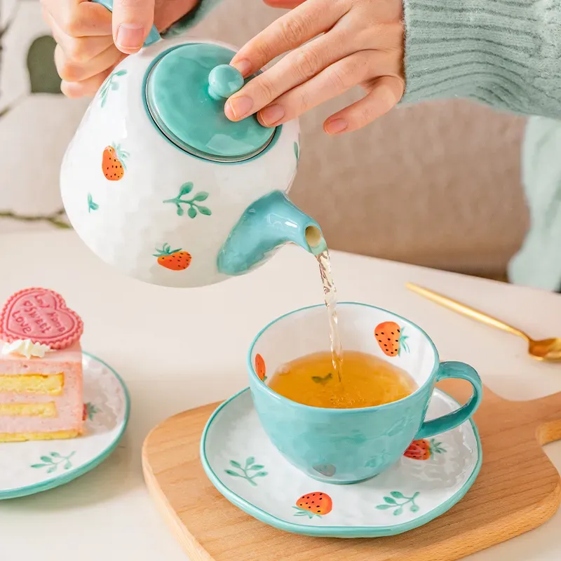 Hand-Painted Strawberry Cup and Saucer Set