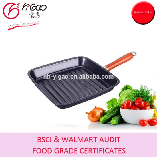 with FDA/LFGB/DGCCRF food non stic coating carbon steel 24x24x5cm square grill pan with fixing wood handle