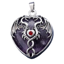 Amethyst Heart Antique Silver Double Dragon Stone Pendant (32x42mm) for DIY Making Jewelry