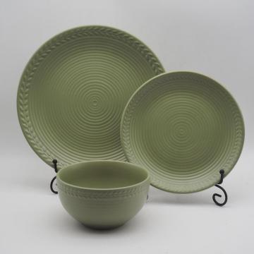 Conjunto de jantar de cerâmica verde de relevo, conjuntos de utensílios de grés, conjunto de utensílios de colorido mais populares