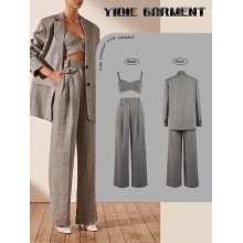 Non-stretchy Herringbone Wide-leg High Waisted Suit Pants