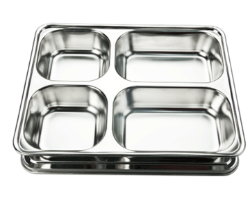 4 departments stainless steel square lunch tray with plastic lid for school/prison