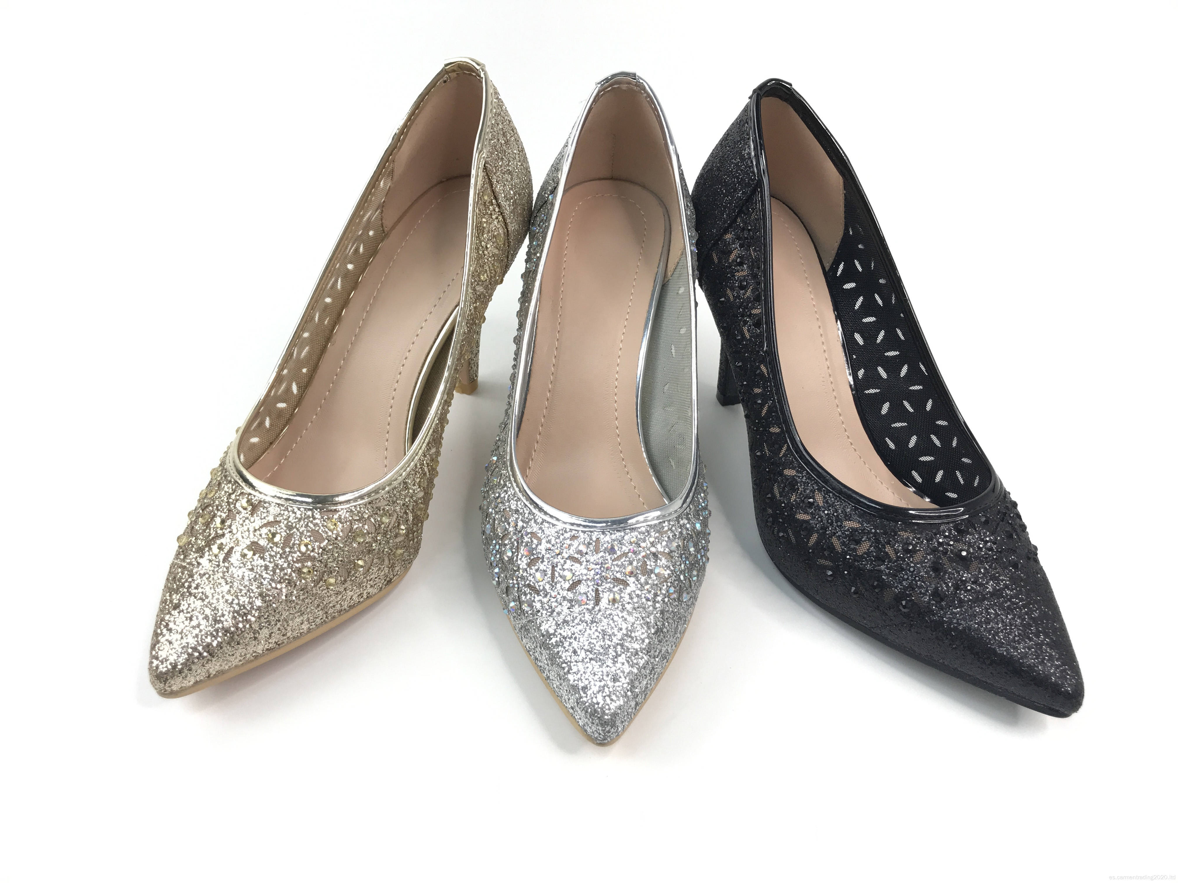 Tacones altos de mujer con diamantes de imitación con punta láser