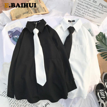 EBAIHUI 2020 Autumn Long Sleeve Loose Student Blouse Shirt Women White Black Turn Down Collar Casual Oversized Shirt Vintage Top