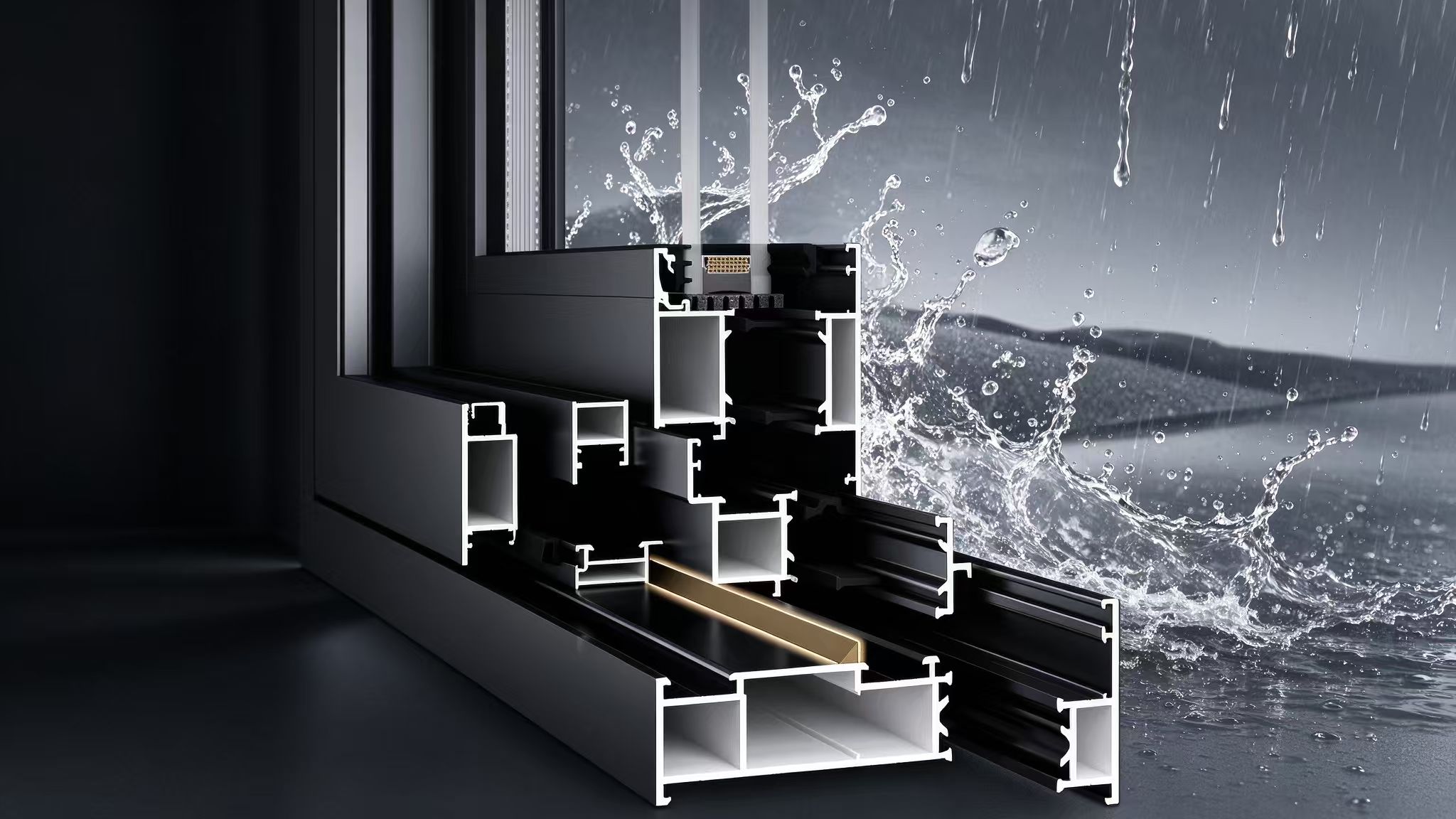 Profilé de fenêtre et vitrage en aluminium exposés à la pluie poussée par le vent