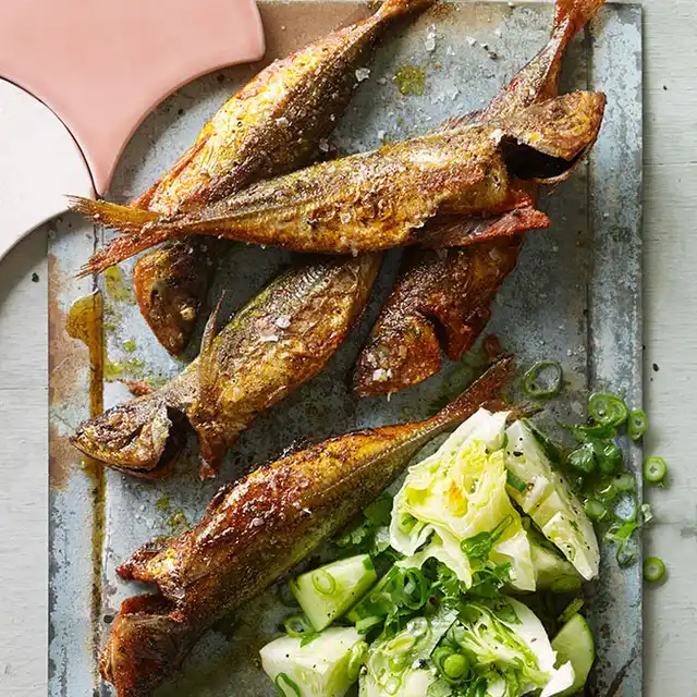 Yellowtail Scad Fish-fry With Cucumber And Iceberg Salad