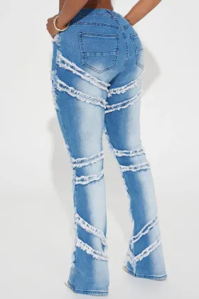 Stretch Flare Jeans Medium Wash Denim With Frayed Fringes